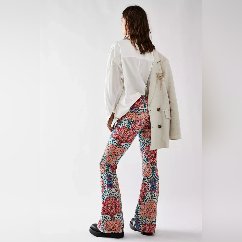 Free People Coral & Blue Floral Bootcut Flare Pants - Picture 4 of 7